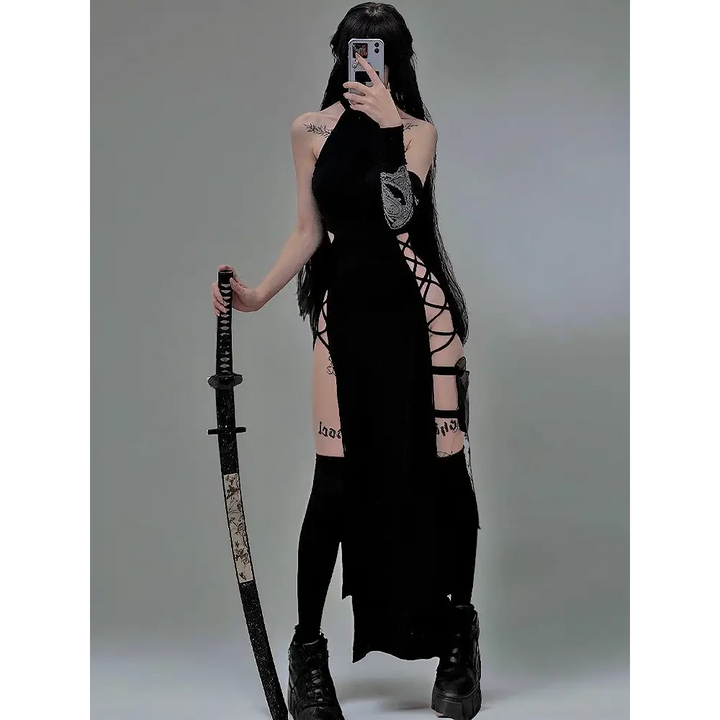 Alt black midi dress with bandage detail - goth dark cosplay - s