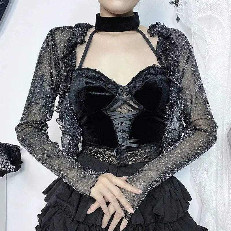 Alternative fashion glitter thin cardigan - gothic see through top