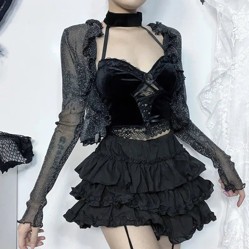 Alternative fashion glitter thin cardigan - gothic see through top