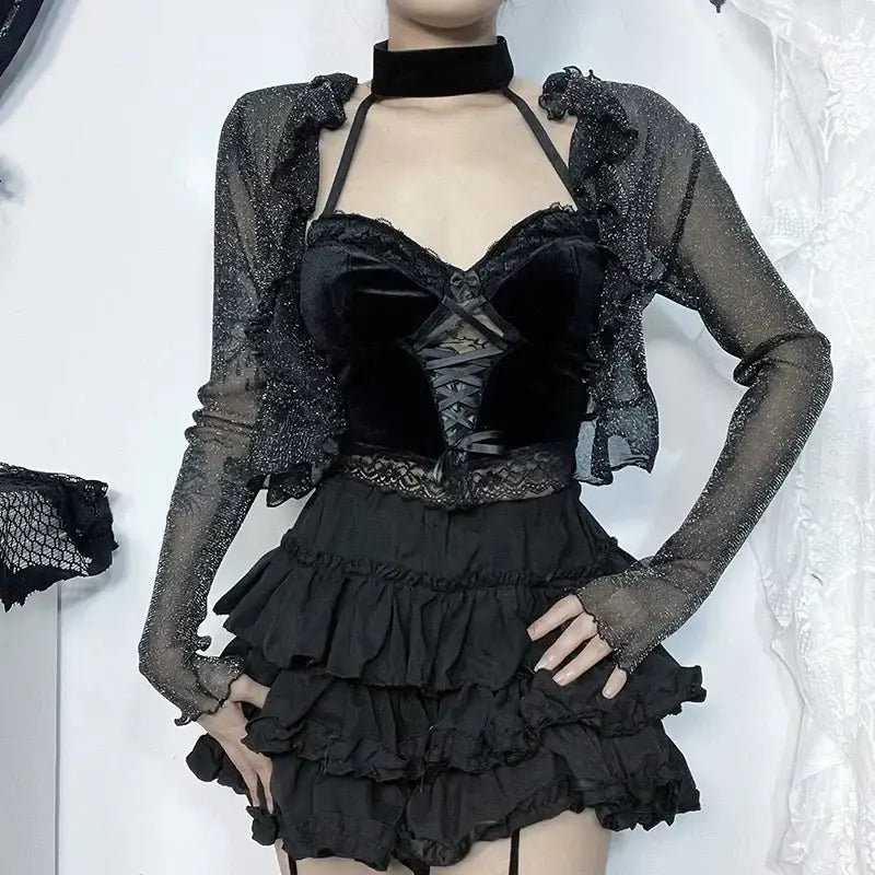 Alternative fashion glitter thin cardigan - gothic see through top