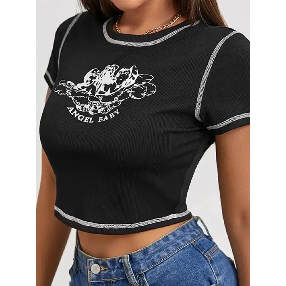 Cream angel graphic crop top for cute y2k style - black / s - tee