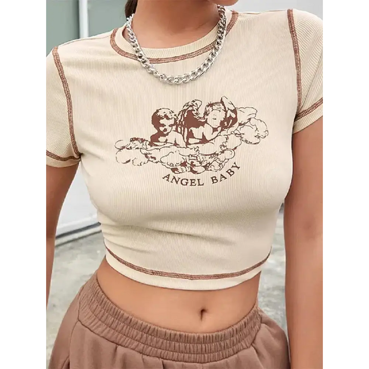 Cream angel graphic crop top for cute y2k style - s - tee