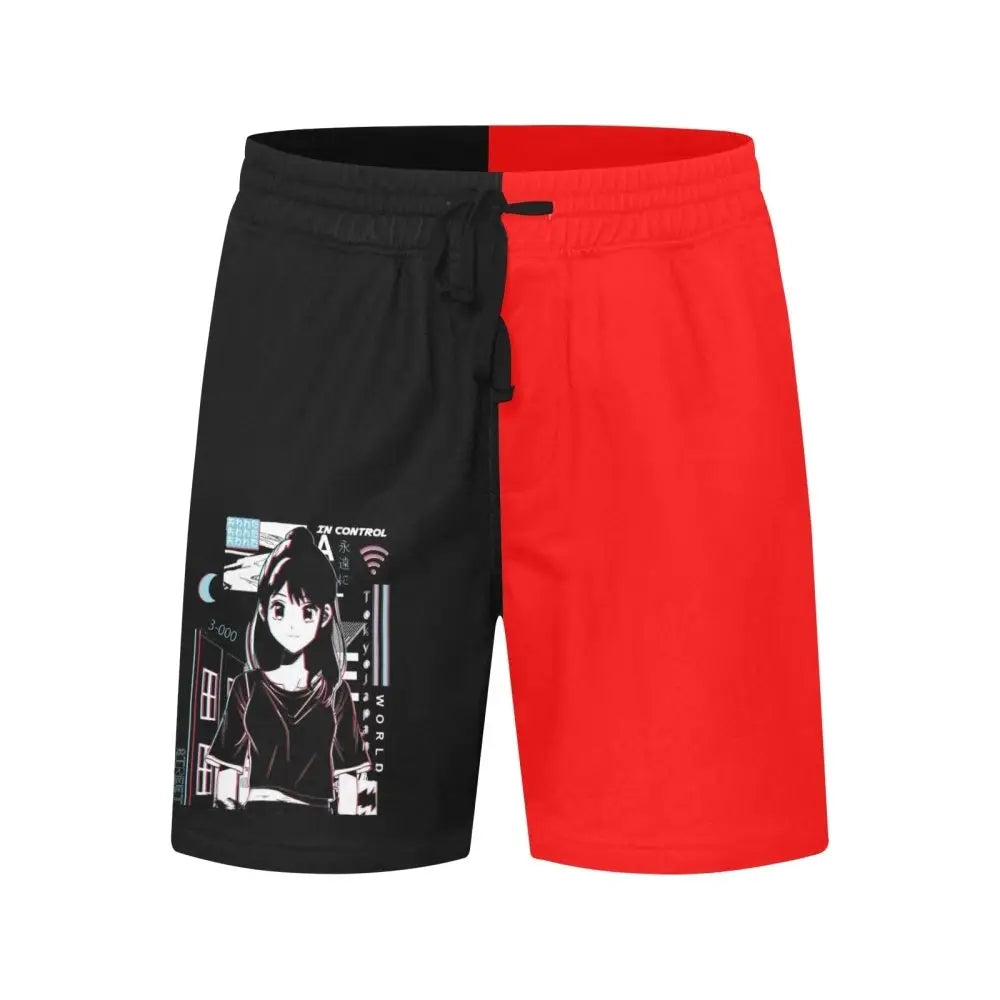 Anime contrast black and red men’s shorts - mid-length casual (l50)