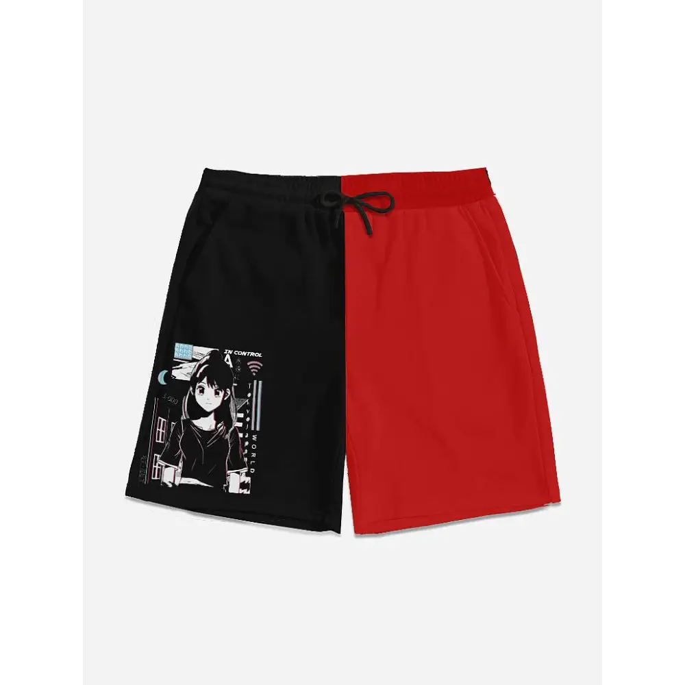 Y2k black and red anime character pocket track shorts - s - men’s mid-length casual (l50)