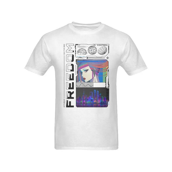 Anime cyber city streetwear t-shirt with vibrant cyberpunk design - men’s