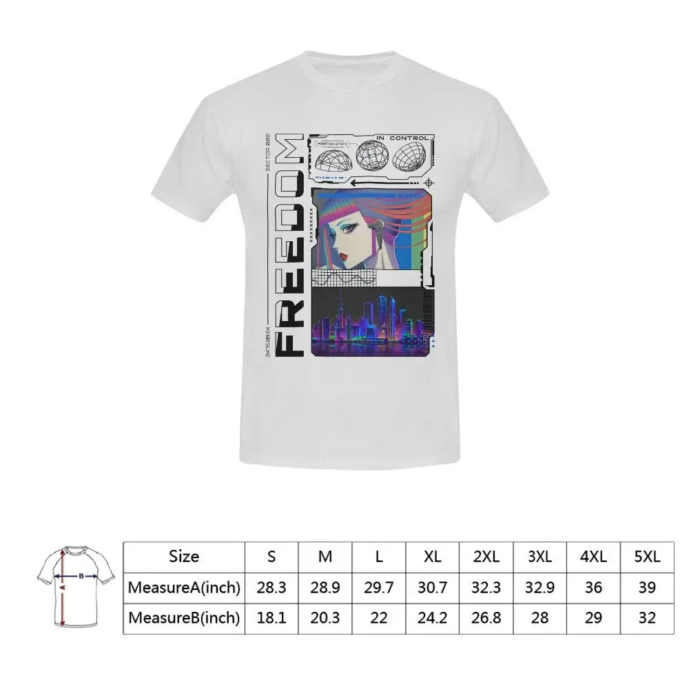 Anime cyber city streetwear t-shirt with vibrant cyberpunk design - men’s