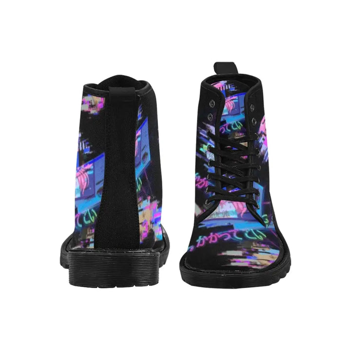 Y2k lace-up floral combat boots with black rubber outsole - martin for women (black) (1203h)