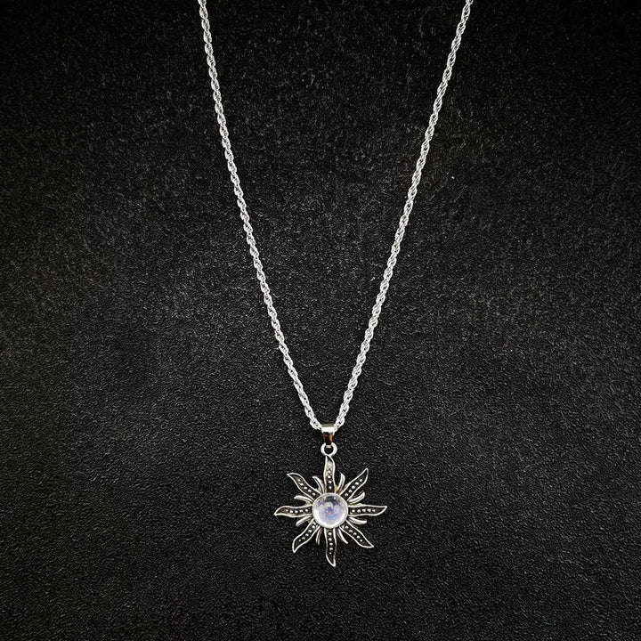 Antique sunflower pendant with mystical flame - boho chic jewelry - silver plated