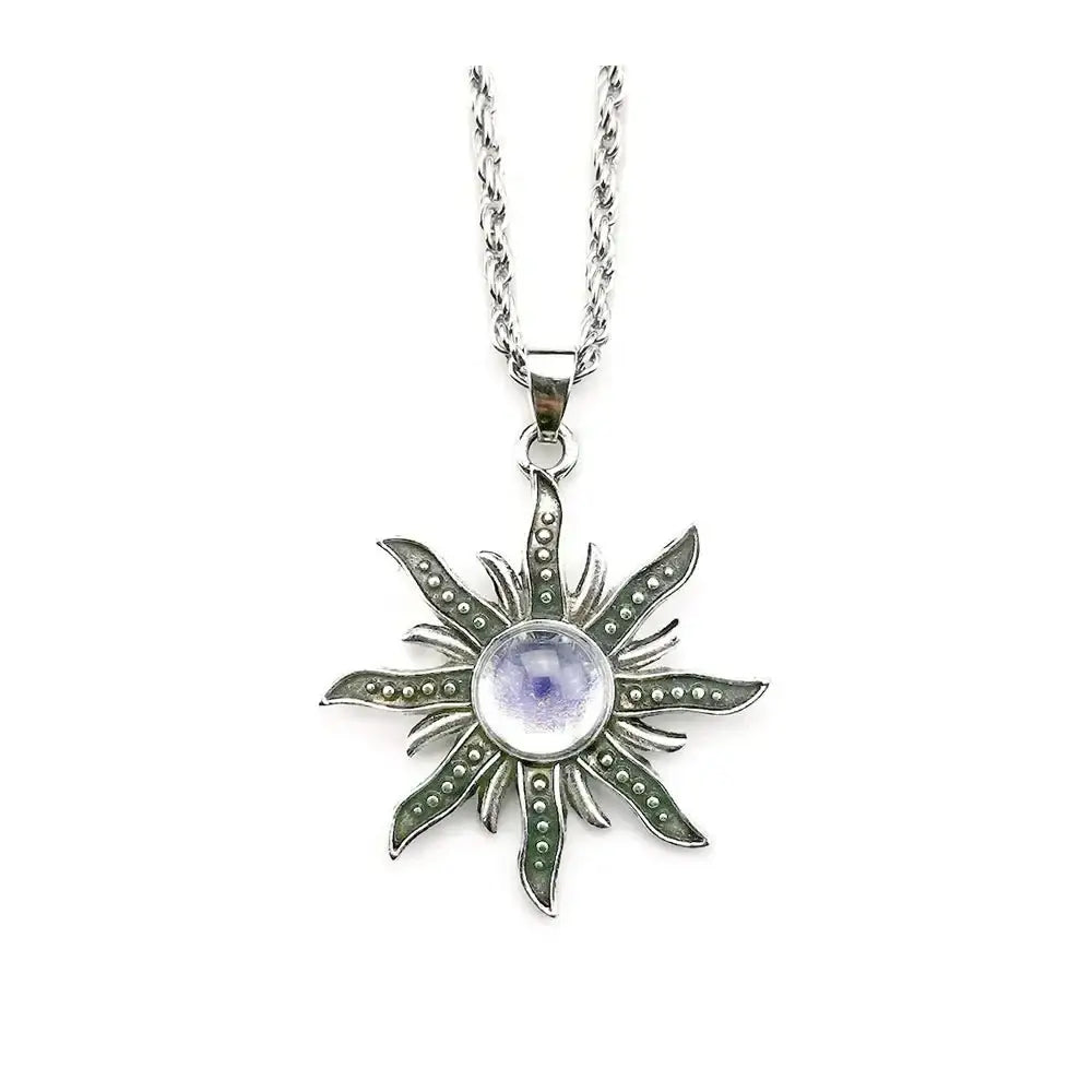 Antique sunflower pendant with mystical flame - boho chic jewelry - silver plated