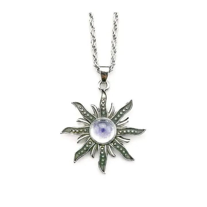 Antique sunflower pendant with mystical flame - boho chic jewelry - silver plated