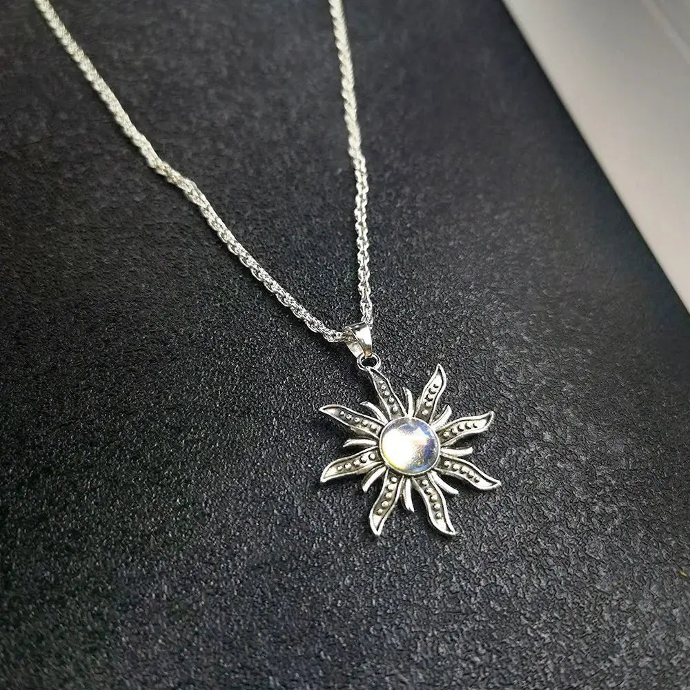 Antique sunflower pendant with mystical flame - boho chic jewelry - silver plated