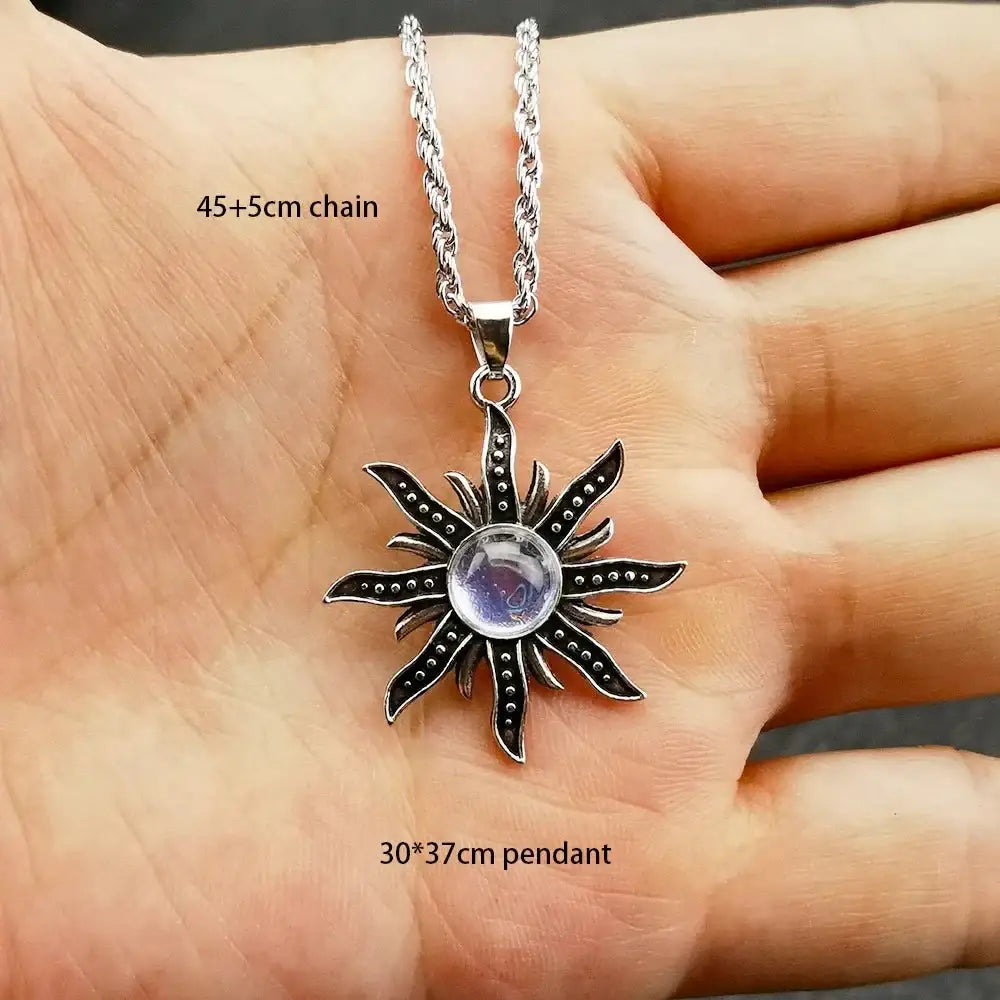 Antique sunflower pendant with mystical flame - boho chic jewelry - silver plated