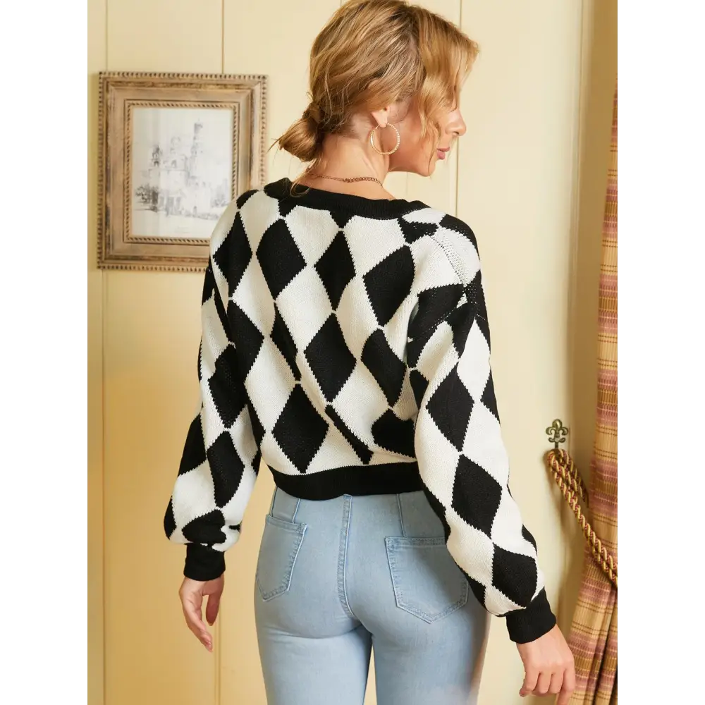 Y2k cropped argyle pattern button front jacket in soft knit material - cardigan