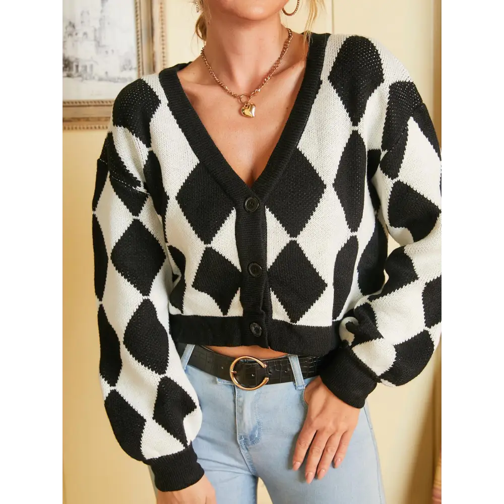 Y2k cropped argyle pattern button front jacket in soft knit material - cardigan