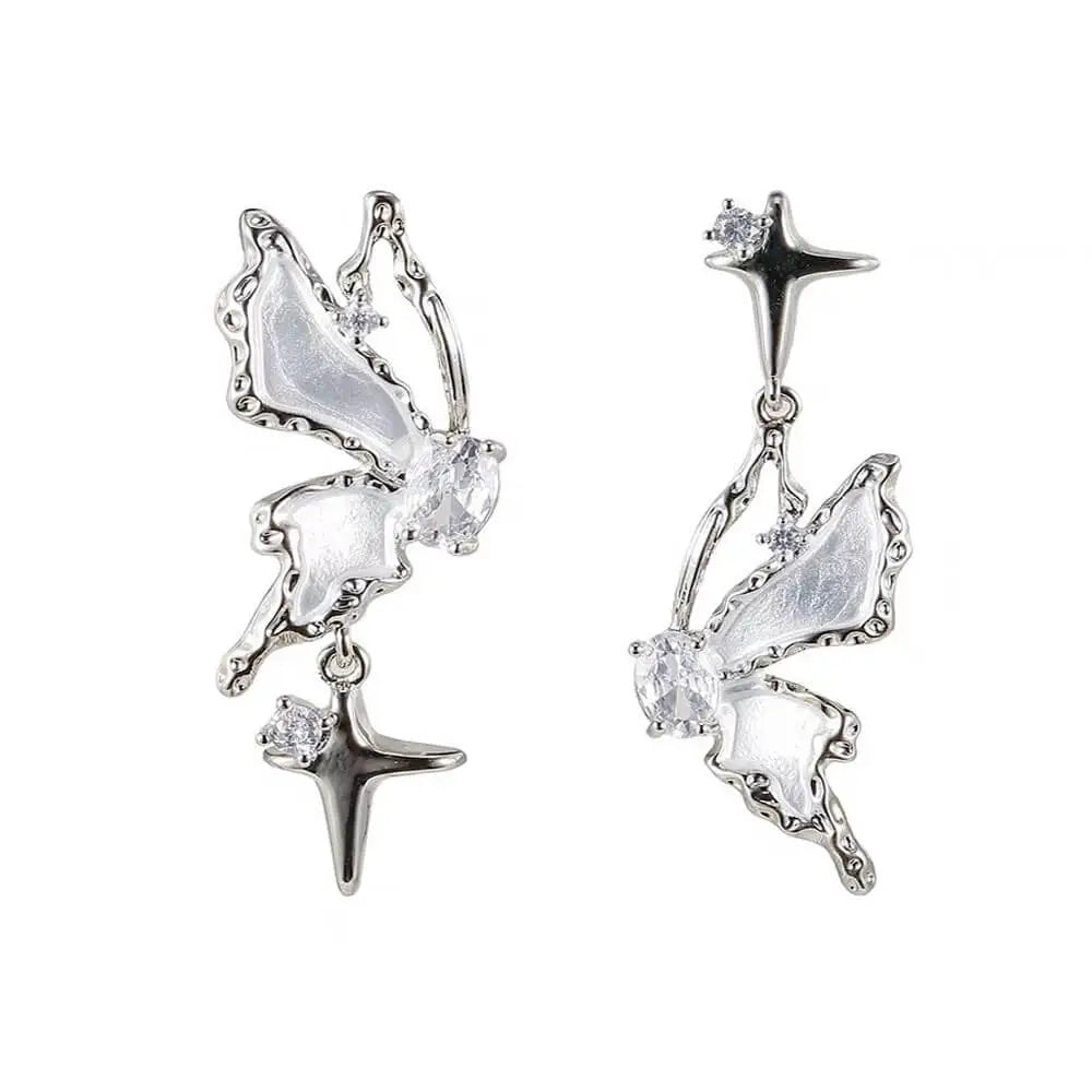 Y2k asymmetrical earrings with crystal butterflies and silver stars - standart / earrings