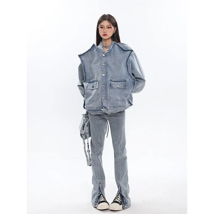 Asymmetric design denim jacket with oversized pockets in light wash