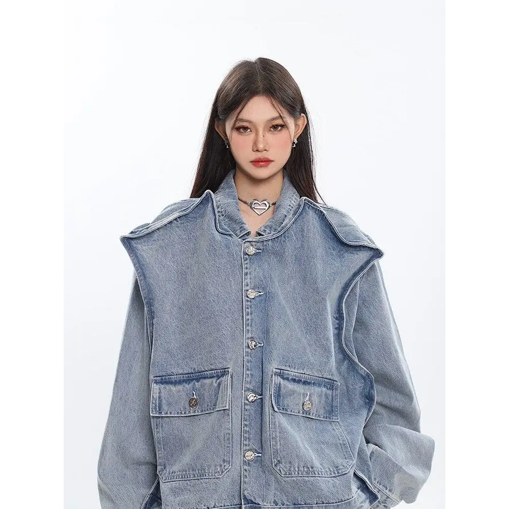 Asymmetric design denim jacket with oversized pockets in light wash