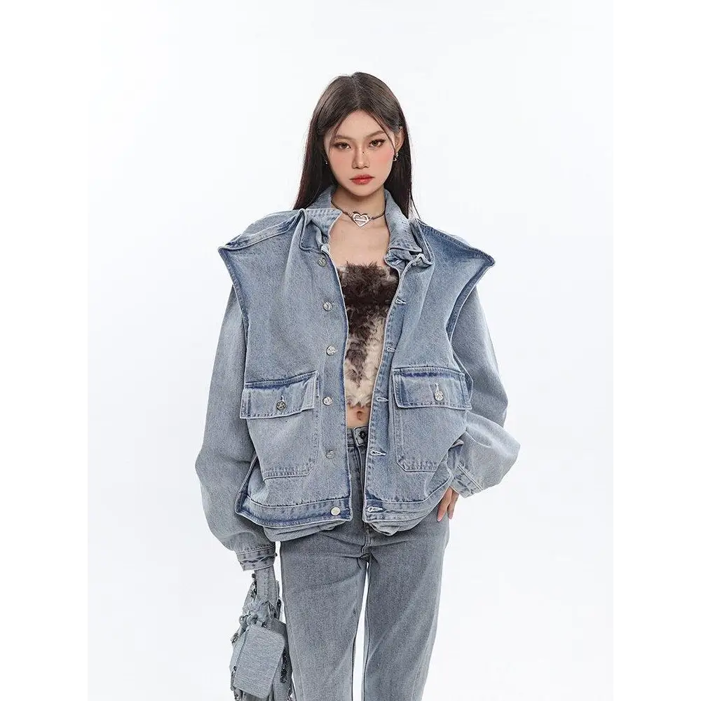 Asymmetric design denim jacket with oversized pockets in light wash - blue / m