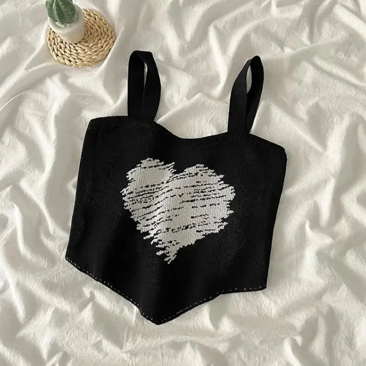 Asymmetric heart knitted crop top - black / one size