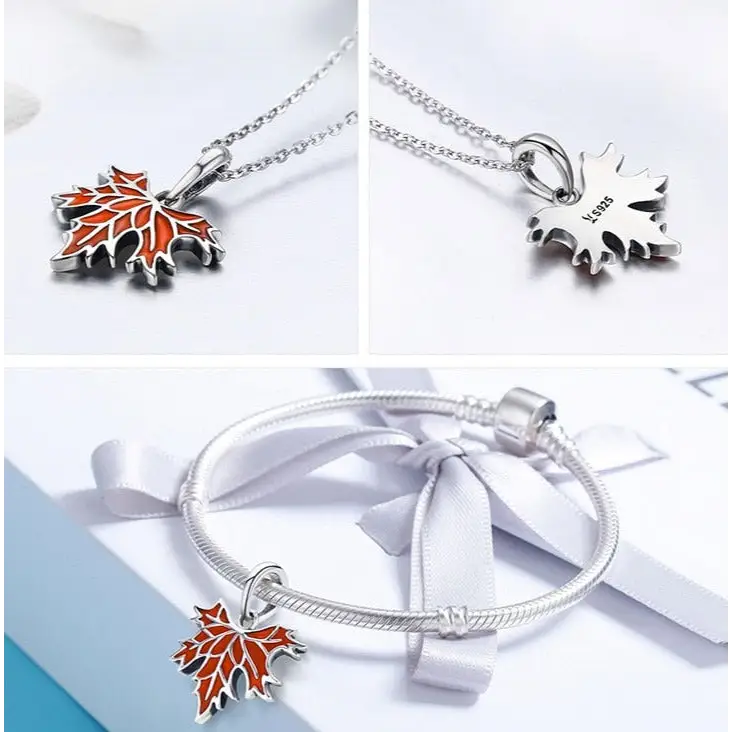 Autumn maple tree leaves 925 sterling silver pendant necklace y2k - necklaces
