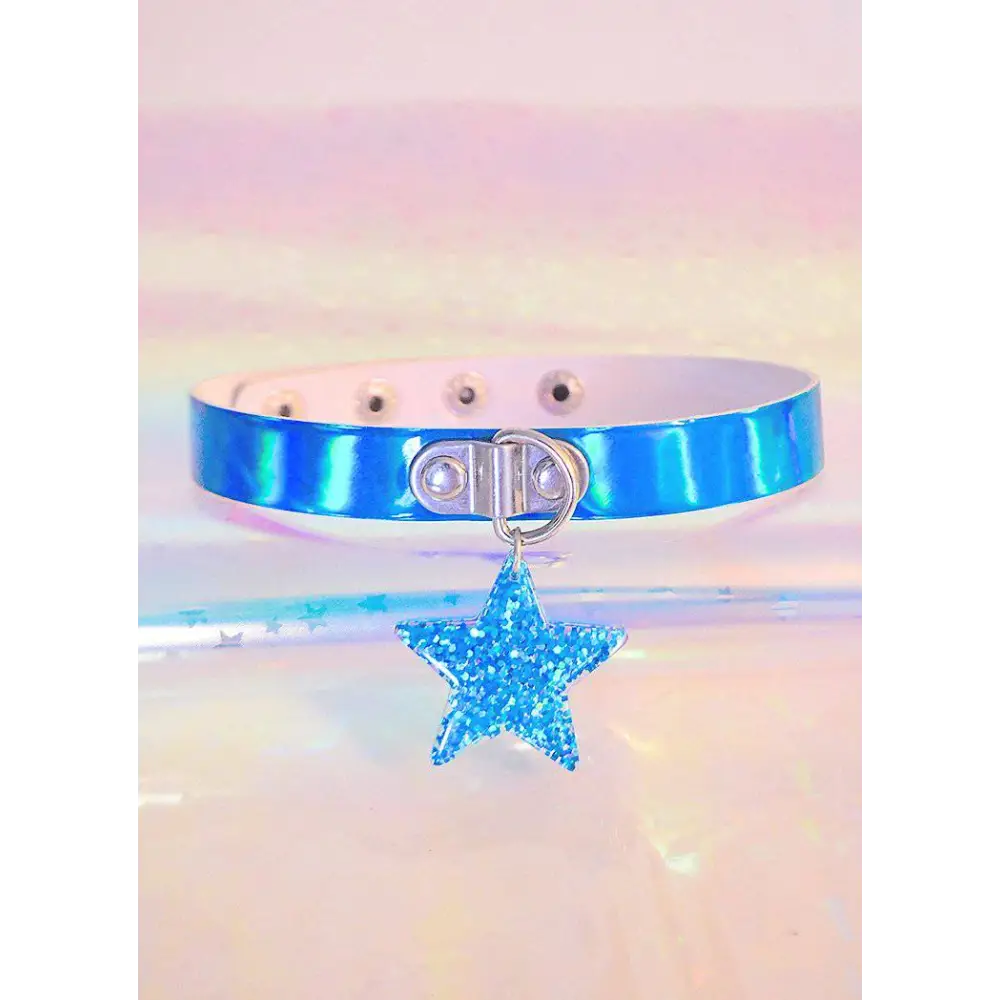 Y2k holographic star pendant adjustable band for jacket or full zip - blue - choker