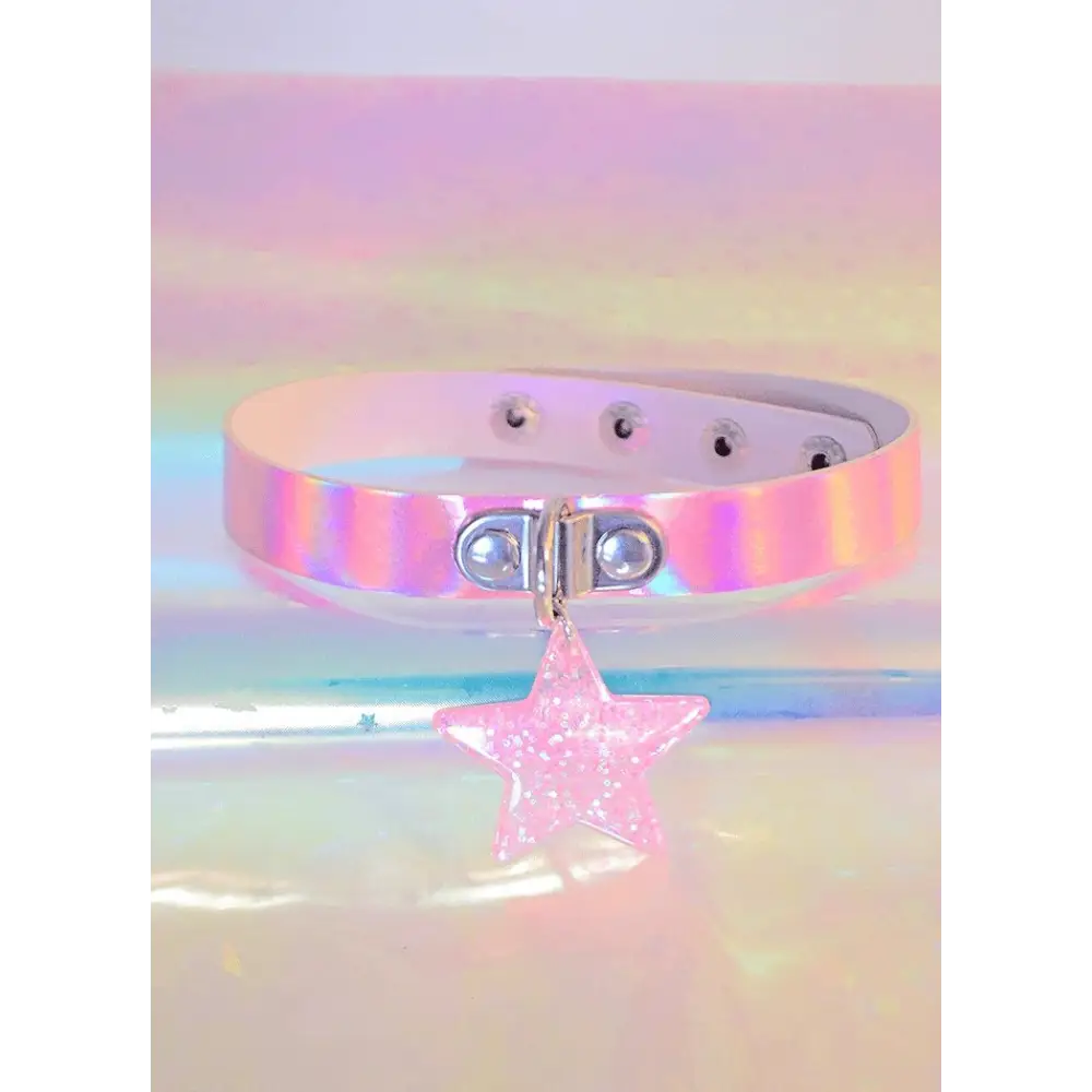 Y2k holographic star pendant adjustable band for jacket or full zip - pink - choker