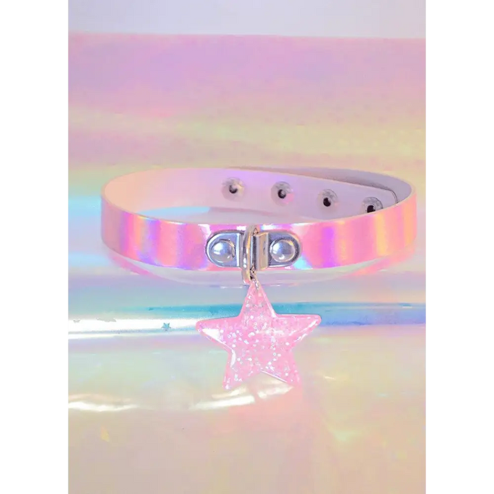 Y2k holographic star pendant adjustable band for jacket or full zip - pink - choker