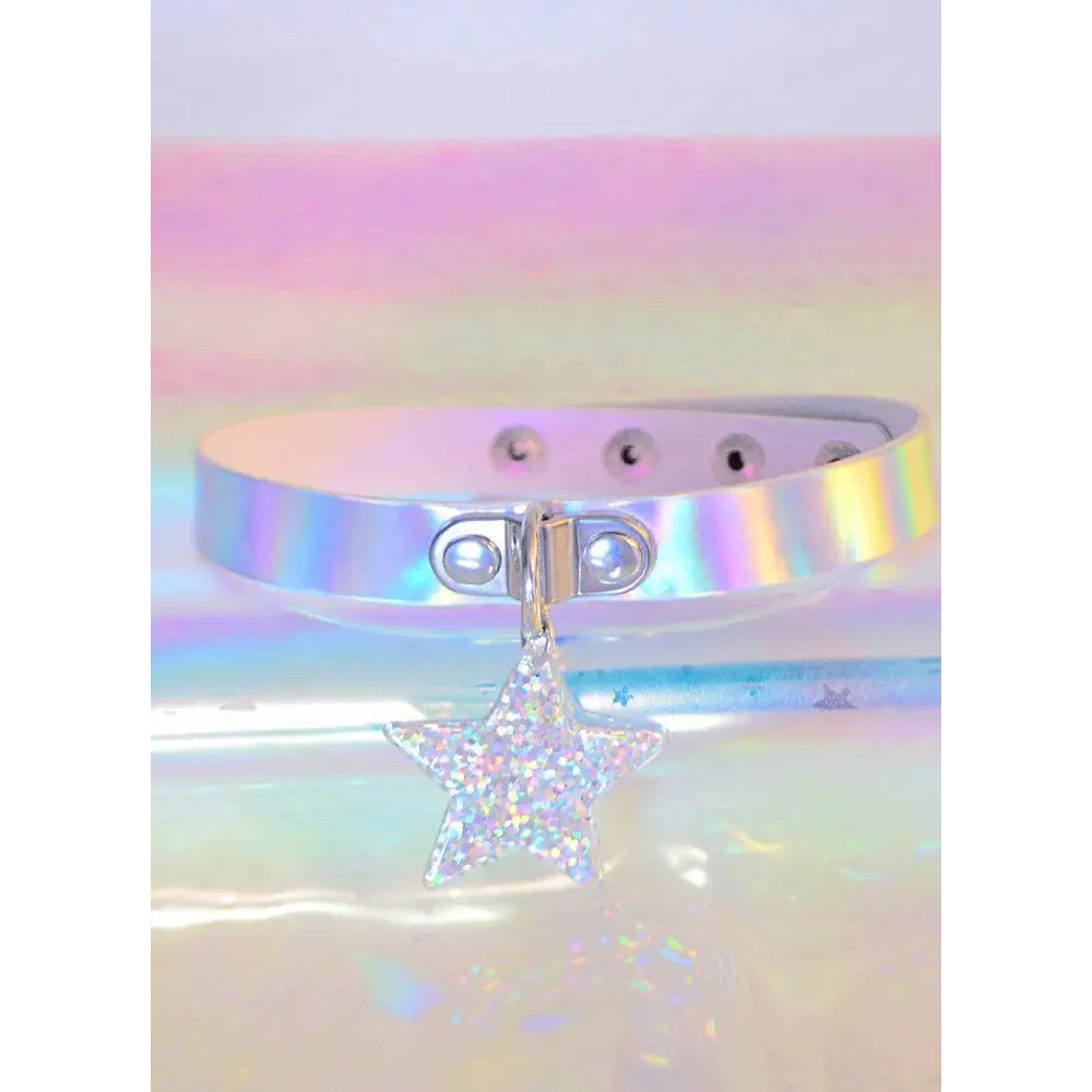 Y2k holographic star pendant adjustable band for jacket or full zip - silver - choker