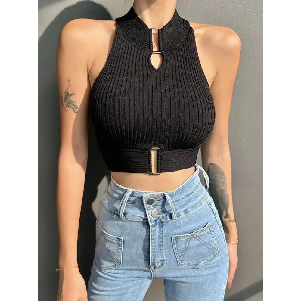 High neck knitted crop top for a bold baddie aesthetic