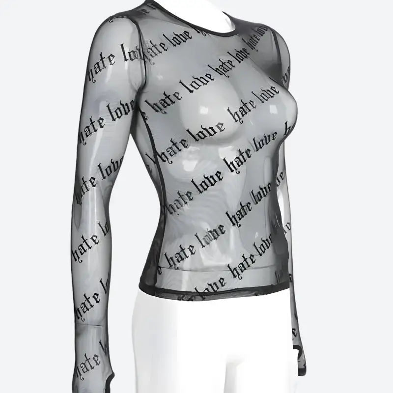 Baddie love hate sheer mesh top with bold text prints