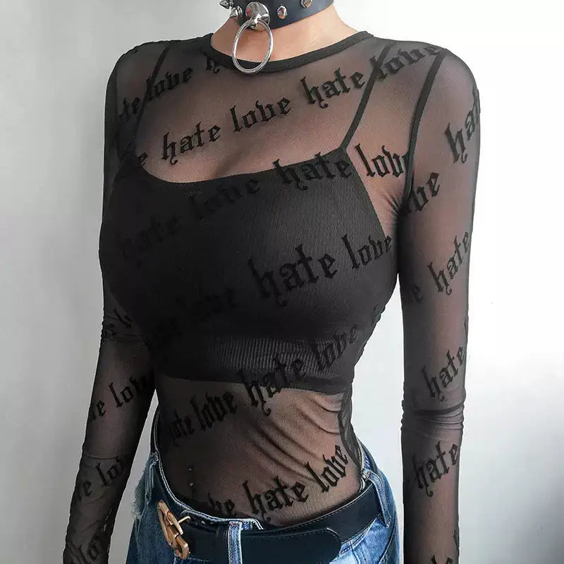 Baddie love hate sheer mesh top