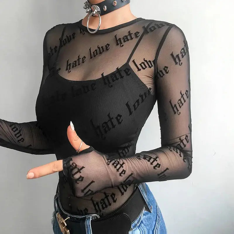 Baddie love hate sheer mesh top