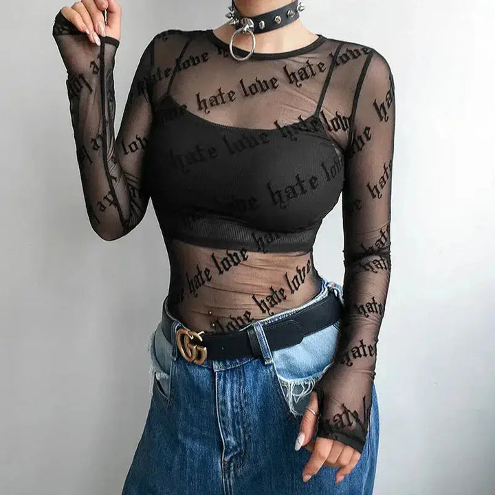 Baddie love hate sheer mesh top - black / s