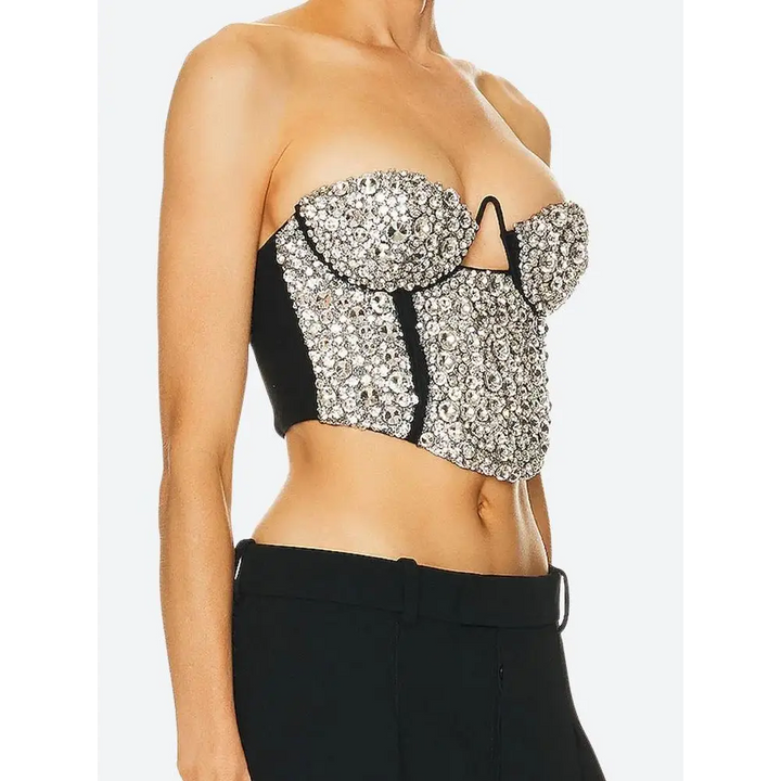 Rhinestone bustier top for y2k style with high-waisted outfits - crop