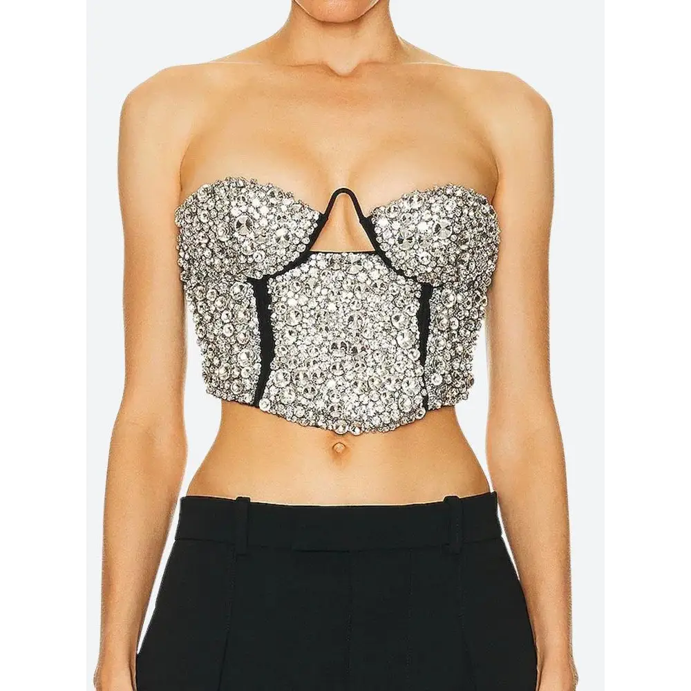 Rhinestone bustier top for y2k style with high-waisted outfits - crop