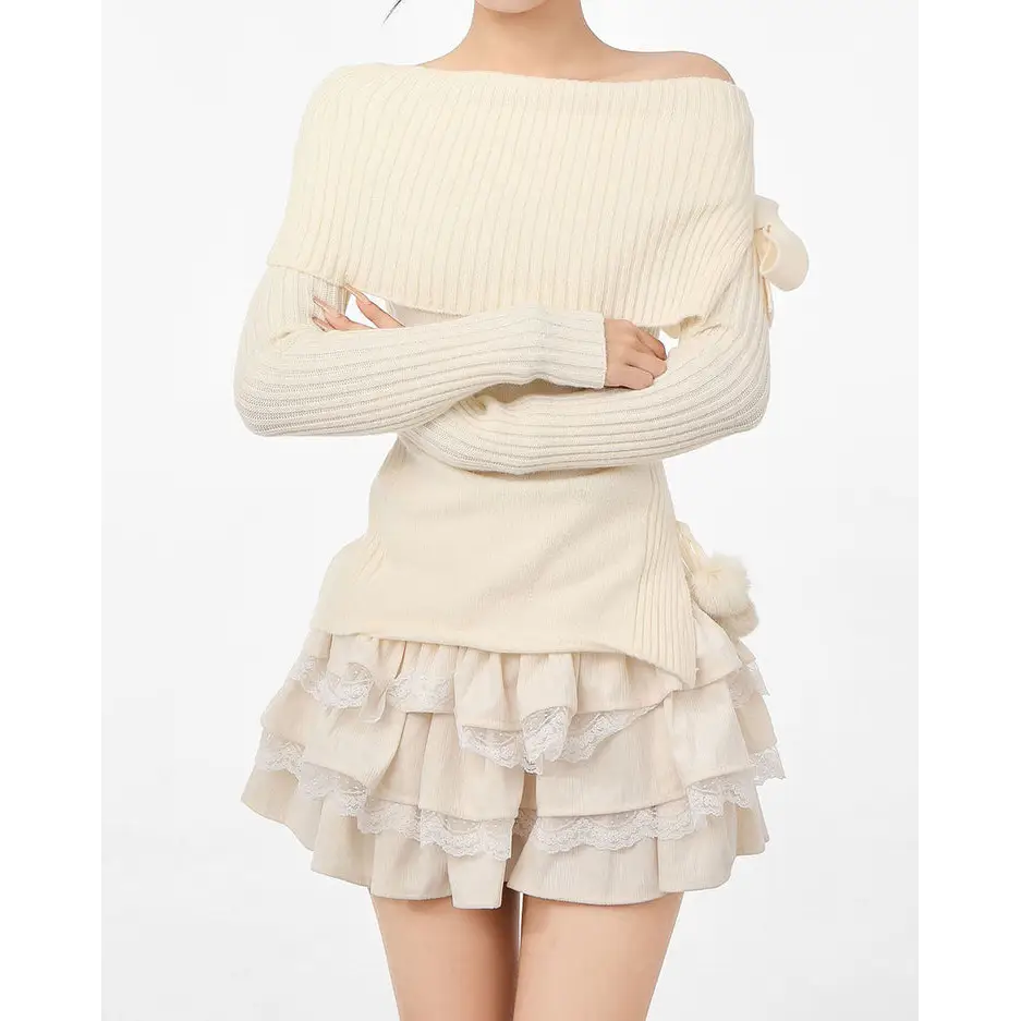 Balletcore off-shoulder sweater with bow for y2k aesthetic