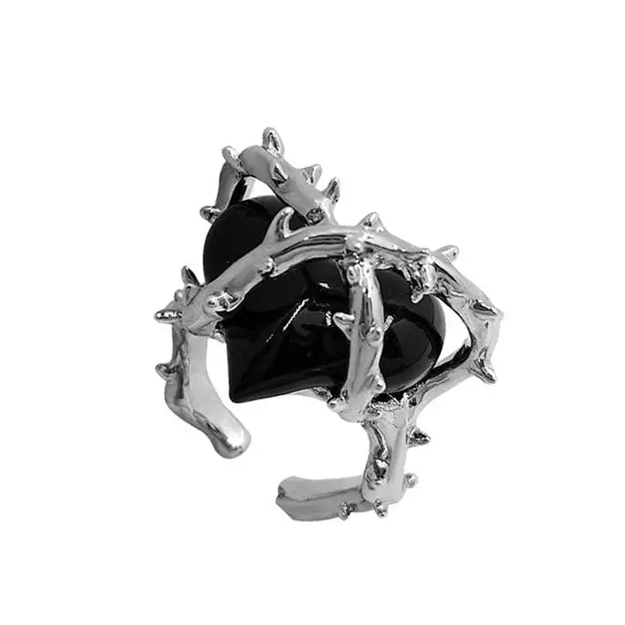 Y2k barbed wire ring with gemstone heart in adjustable design - black - ring