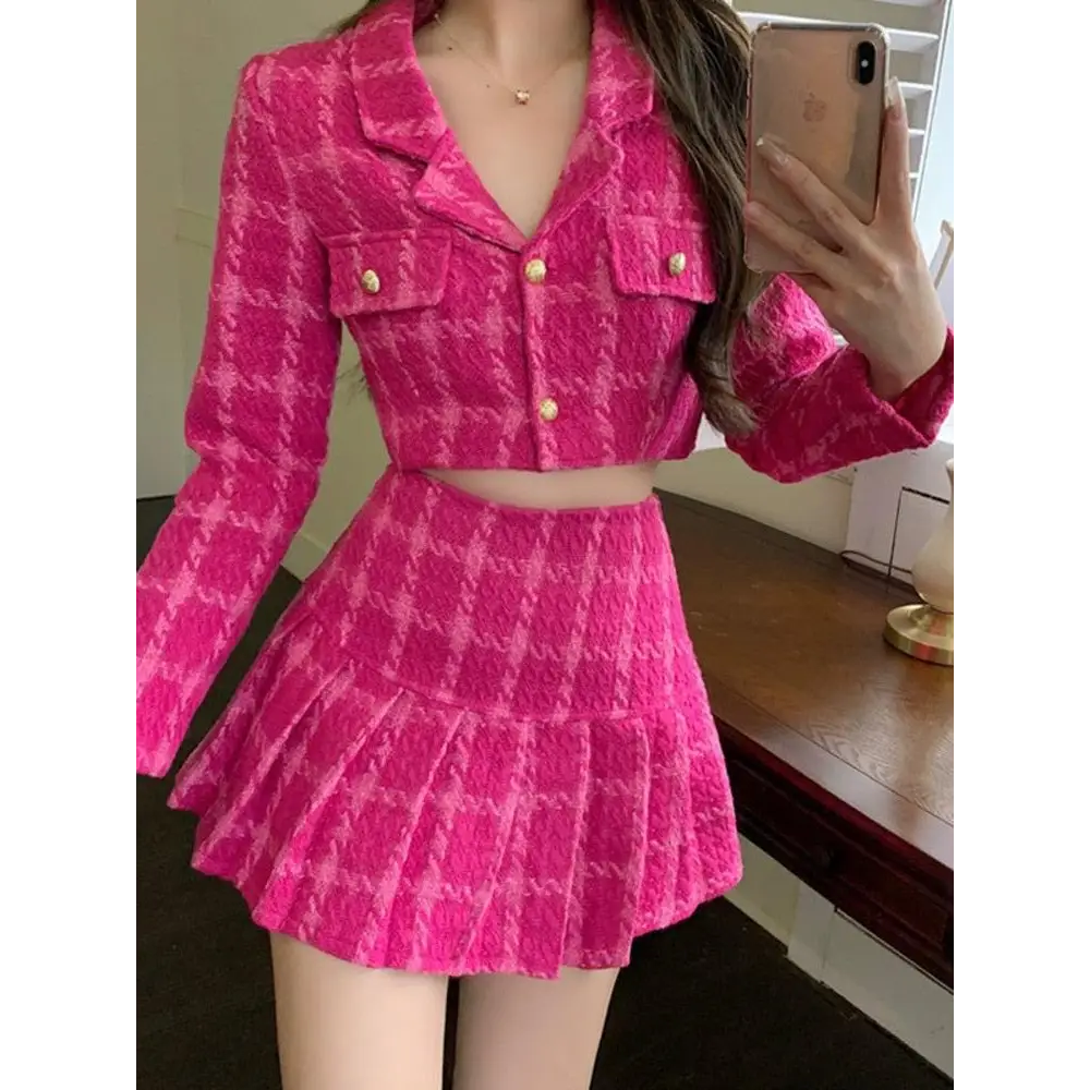 Hot pink cropped jacket and pleated mini skirt two piece set - s - sets