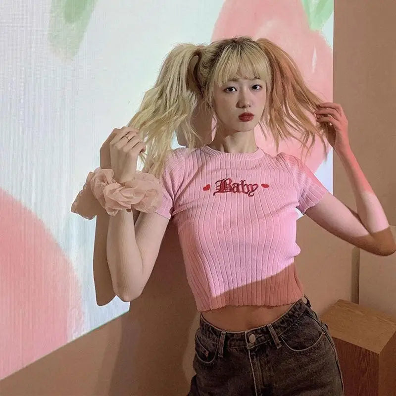 Barbie embroidered crop top - pink / one size