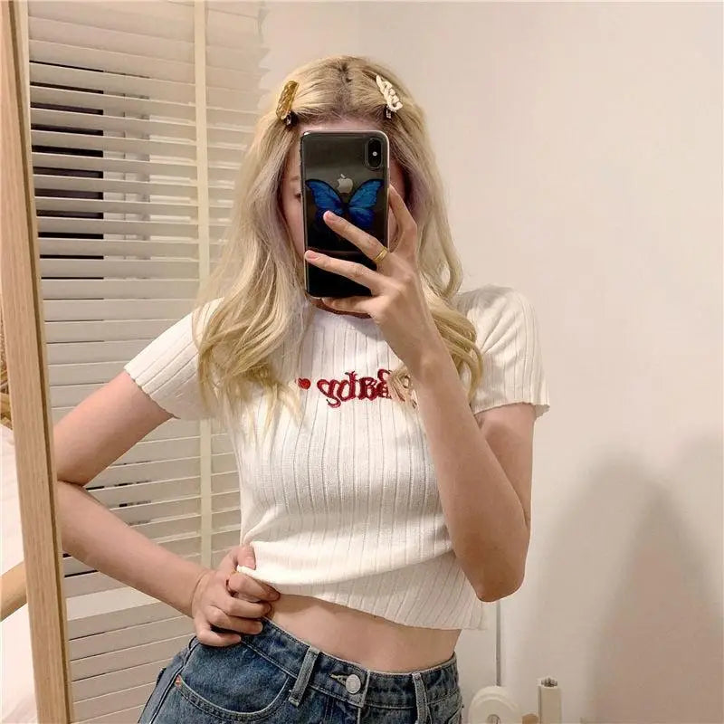 Barbie embroidered crop top - white / one size