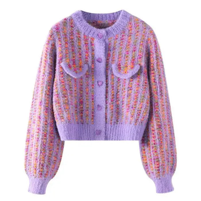 Barbiecore knit cropped cardigan - s / purple