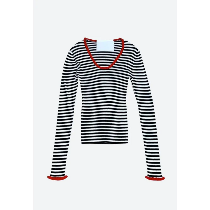 Chic black and white stripe top with scoop neckline red trim