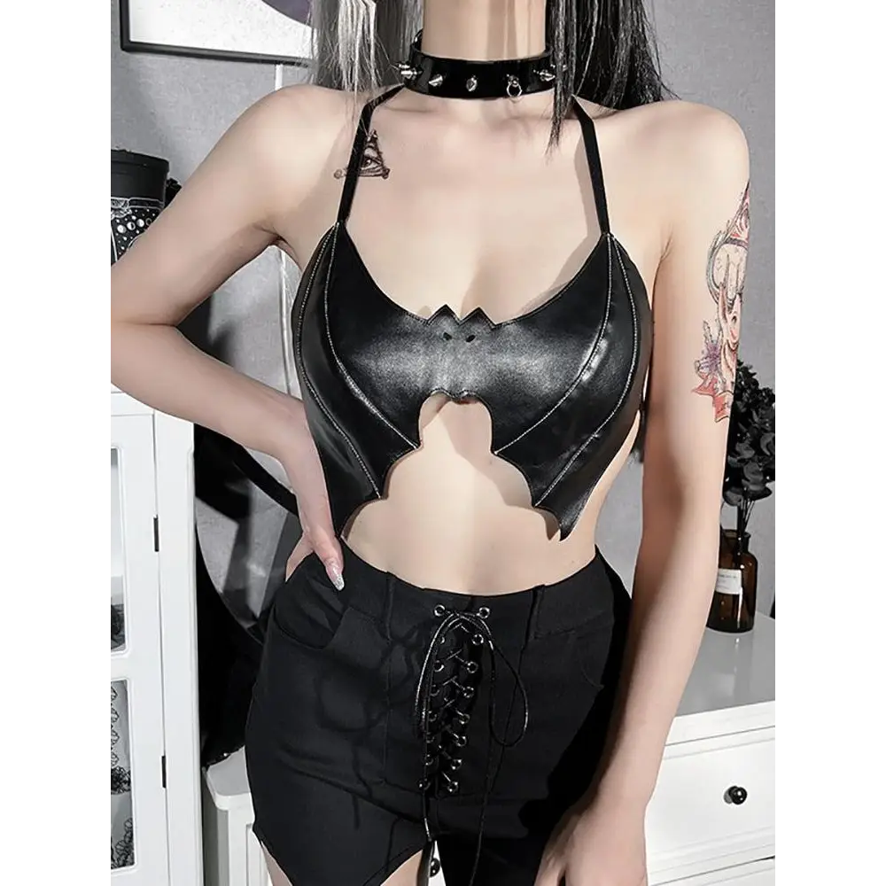 Edgy bat-shaped black halter top in faux leather material