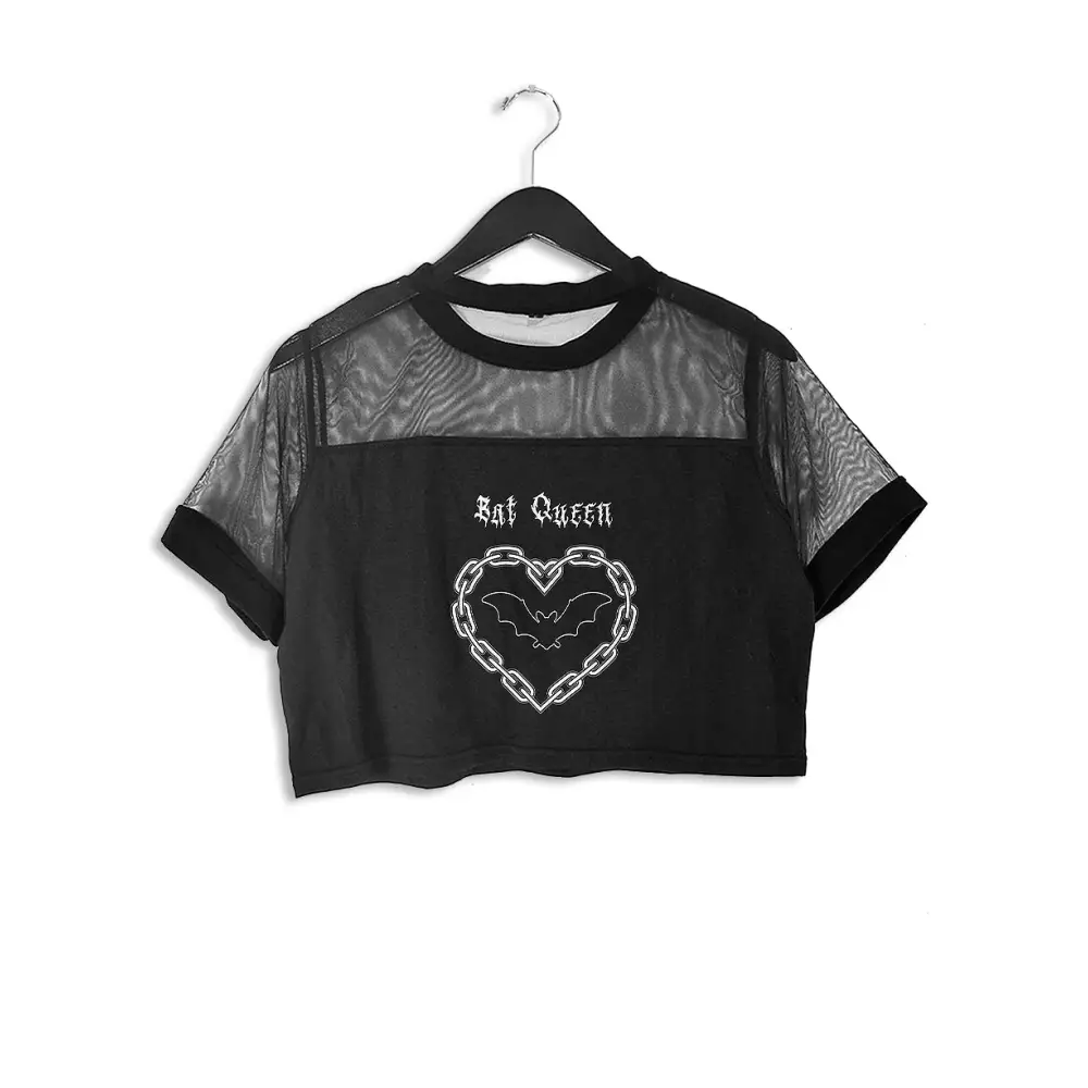 Bat queen mesh crop top for bold gothic style - s / black - women tops