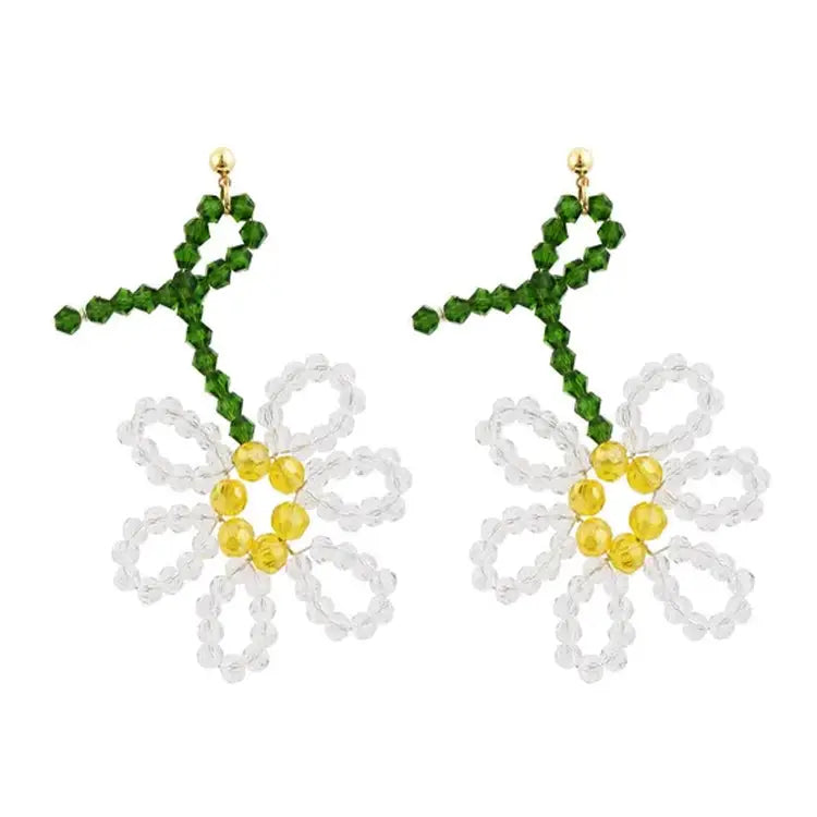 Beaded daisy earrings for a fresh and vibrant look - white/green - earrings