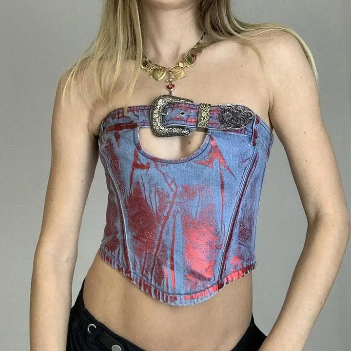 Purple tube top with vintage belt and distressed y2k finish - s