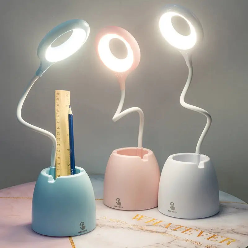 Aesthetic bendable desk lamp with three light modes and stationery holder