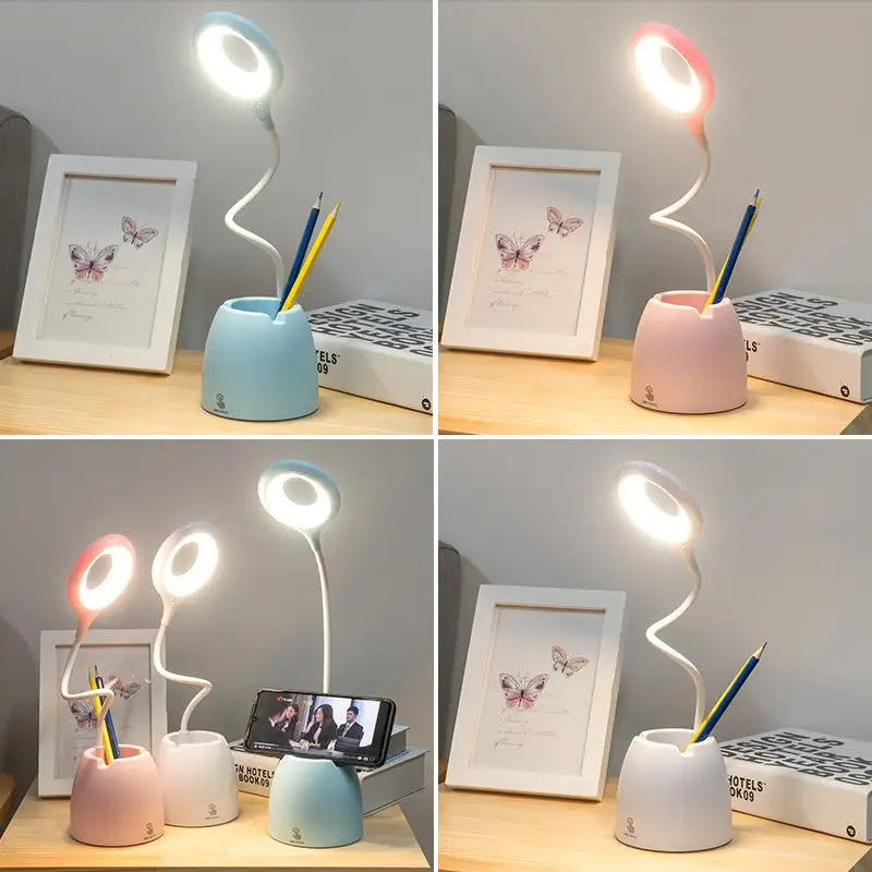 Aesthetic bendable desk lamp with three light modes and stationery holder