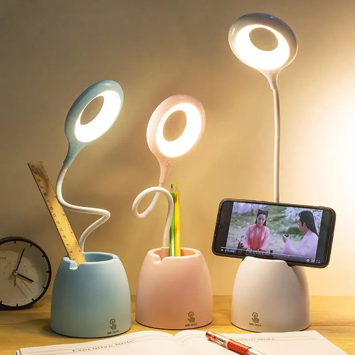 Aesthetic bendable desk lamp with three light modes and stationery holder