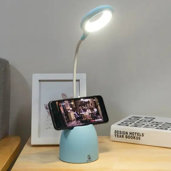 Aesthetic bendable desk lamp with three light modes and stationery holder - blue